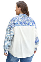 Sky Blue Leopard Striped Patchwork Casual Plus Shirt