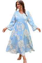 Sky Blue Floral Bracelet Sleeve V Neck Plus Size Tiered Maxi Dress