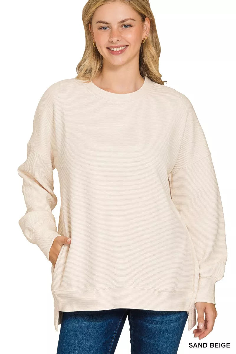 Zenana Full Size Acid Washed Double Ribbed Hi-low Sweatshirt Plus Size