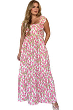 Pink Plus Size Ruffle Trim Square Neck High Waist Floral Maxi Dress