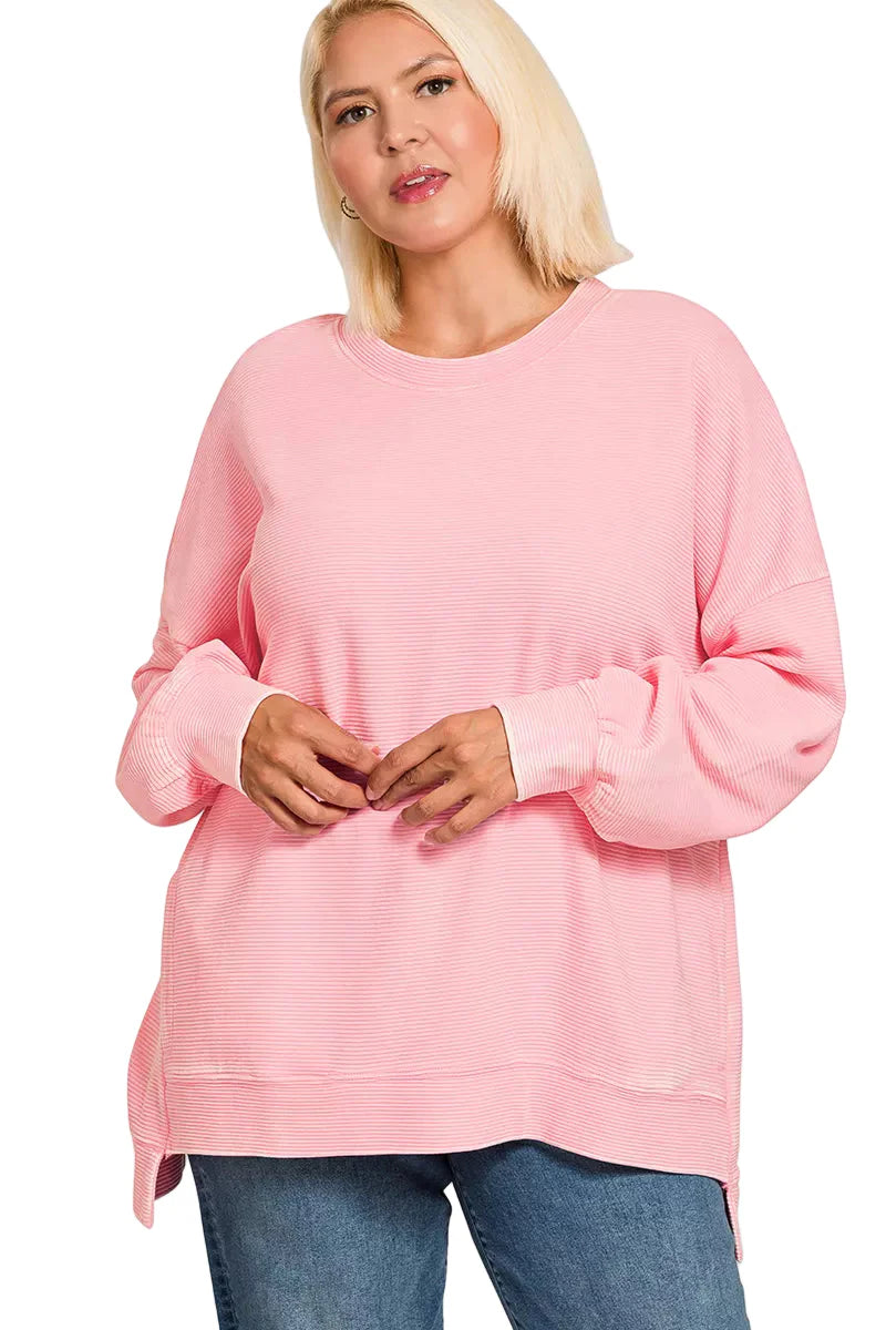Zenana Full Size Acid Washed Double Ribbed Hi-low Sweatshirt Plus Size