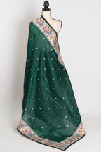 Farheen : Bottle Green Thread Embroidery Party Wear Organza Saree