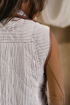 Brown Stripe Quilted Wavy Hem Snap Button Plus Size Vest