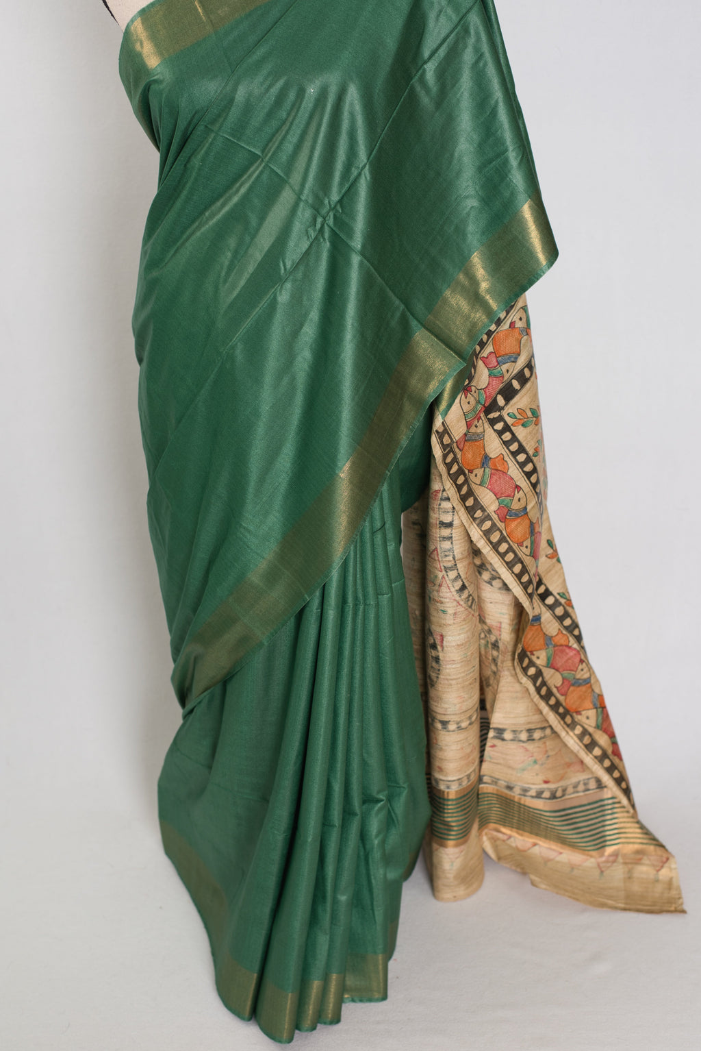 Bina : Dark Green Staple Tussar Saree | Hand-Painted Madhubani Pallu