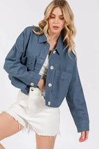 Women's Cropped Denim Jacket Denim Cropped Jacket - Button Down with Pockets - Casual Trendy