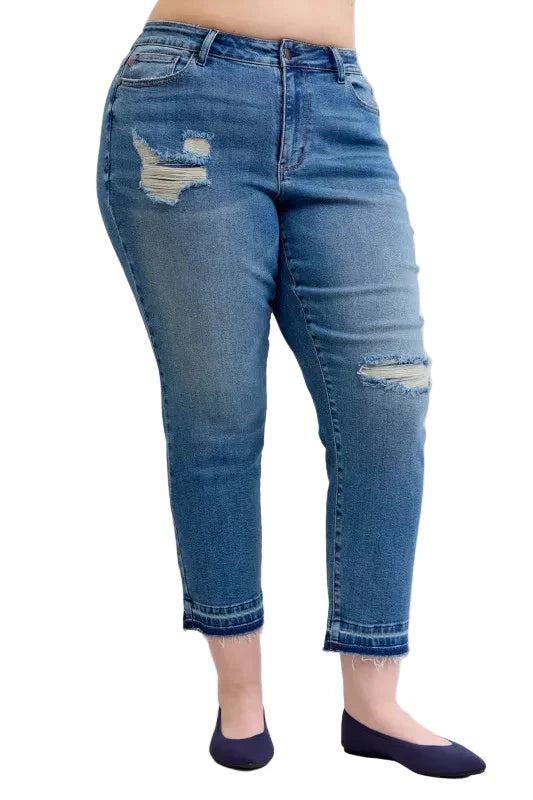 Judy Blue Full Size Mid Rise Bf Patch & Repair Destroy Release Hem Jeans Plus Size