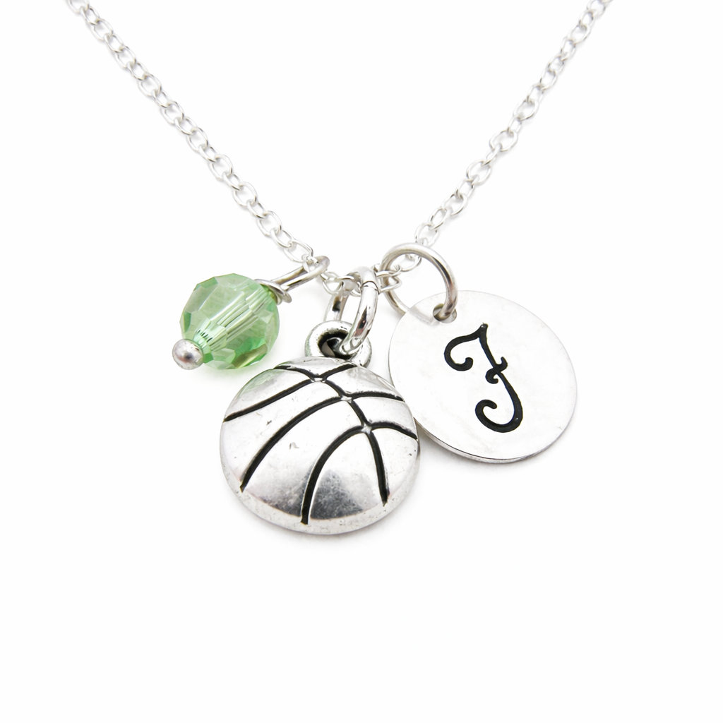 Basketball Necklace – Sterling Silver with Birthstone & Initial Charm