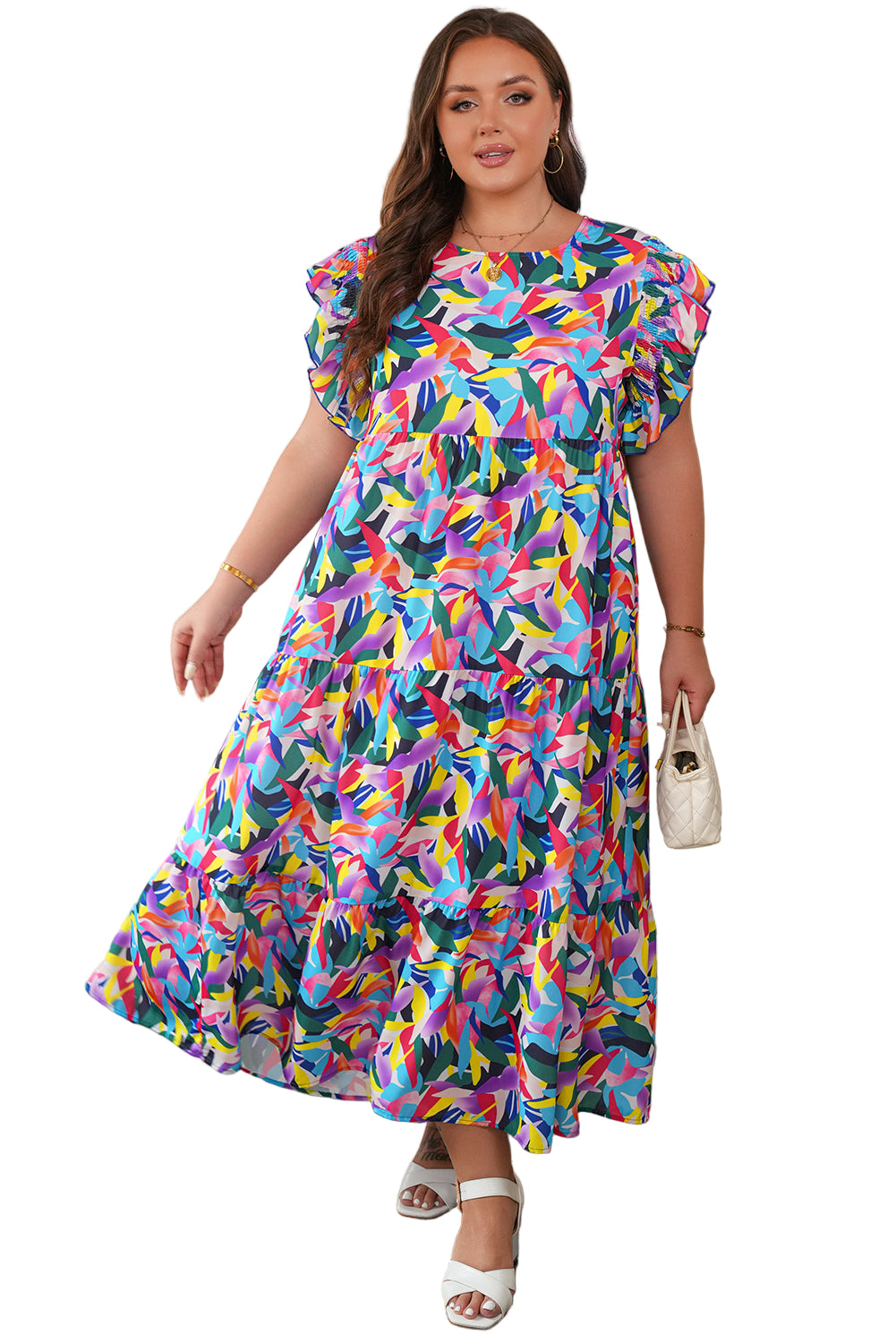 Blue Geometric Print Ruffled Short Sleeve Plus Size Tiered Maxi Dress