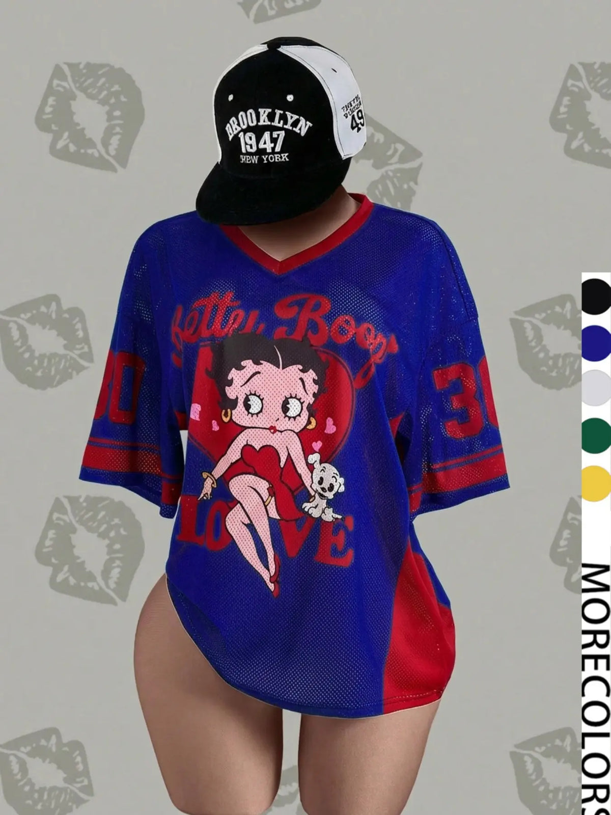 Streetwear Y2K Mesh Top – Vintage Doll Print V-Neck Shirt, Breathable Retro Aesthetic for Women
