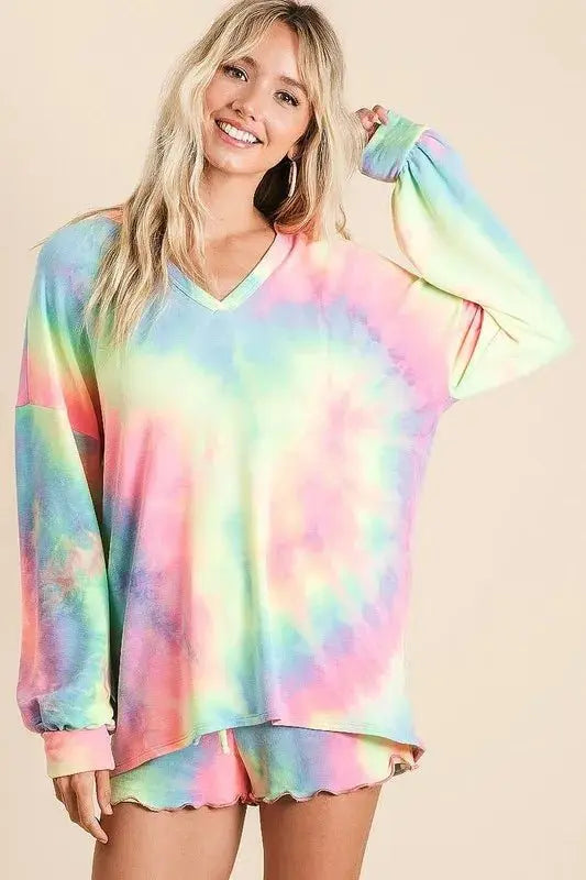 Women's Loungewear Set - Tie Dye French Terry - Top & Shorts 2-Piece