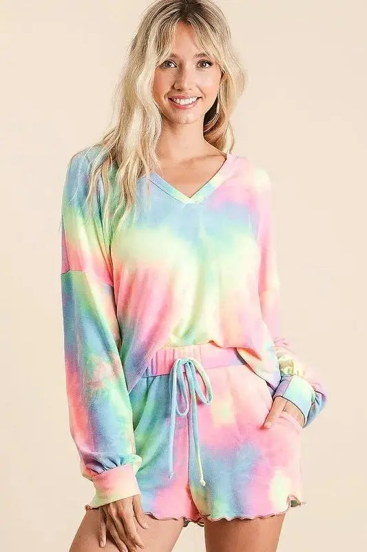 Women's Loungewear Set - Tie Dye French Terry - Top & Shorts 2-Piece