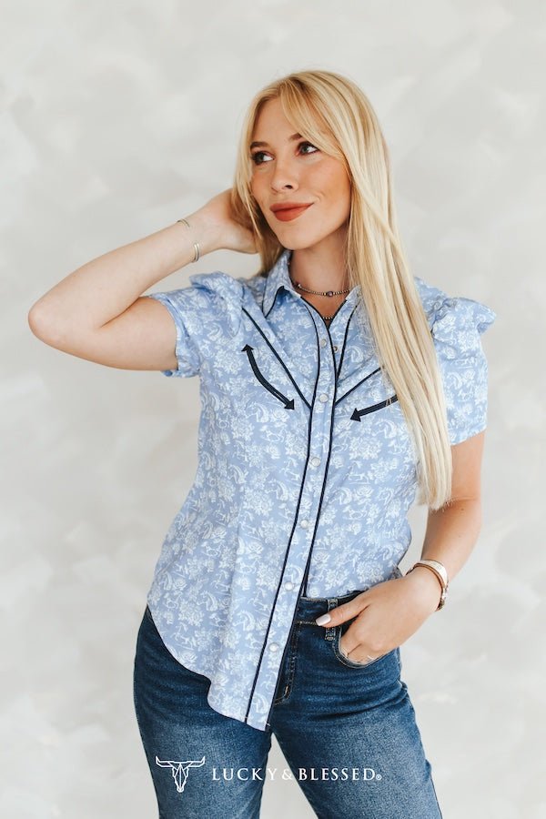Wildflower Rodeo: Blue Western Toile Puff Sleeve Pearl Snap Shirt