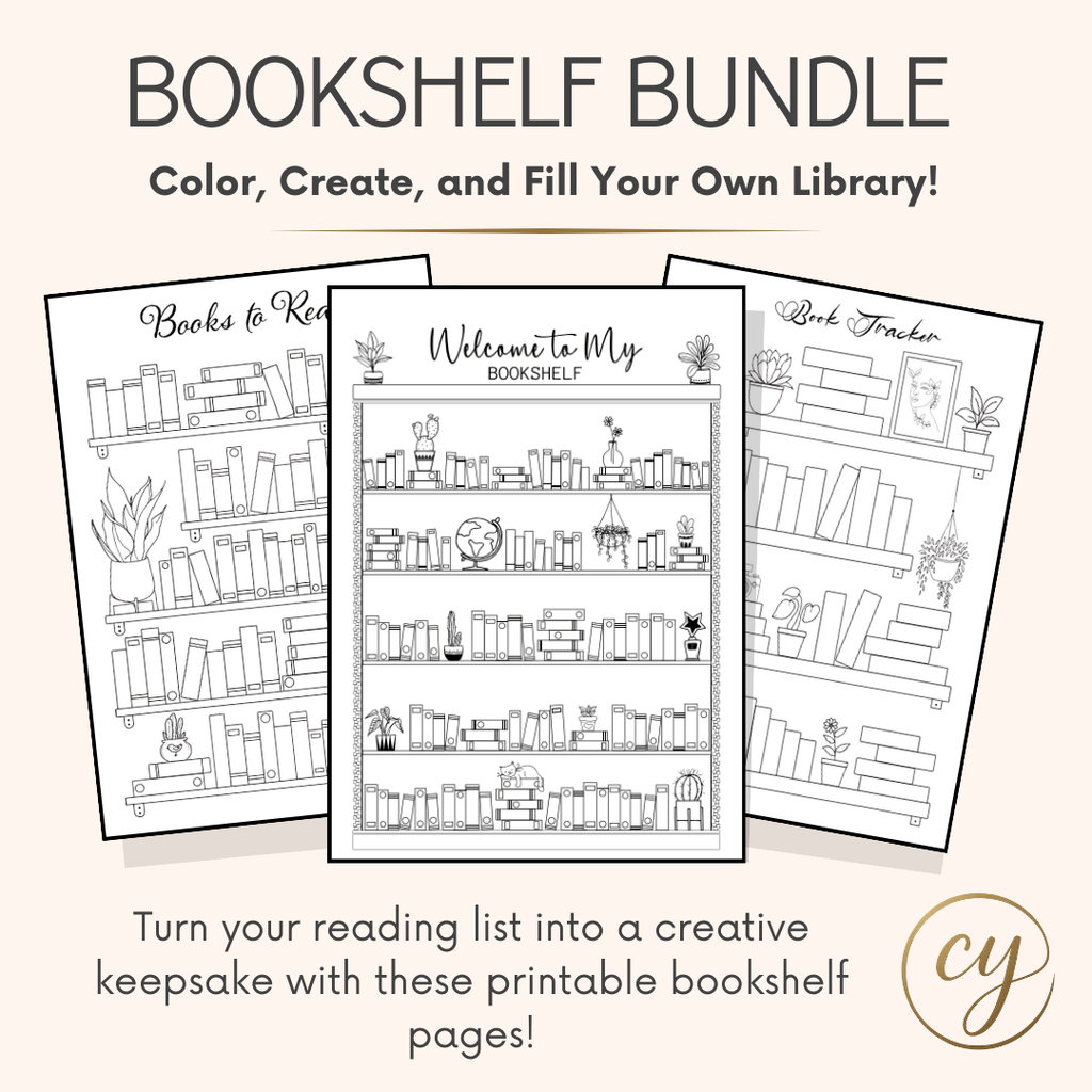 Bookshelf Coloring Pages Bundle – Printable Book Tracker (5 Unique Designs, PDF Download)