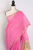 Bristi: Pink & Gold Muslin Cotton Jamdani Saree | Hand-Inspired Sequin Weaving