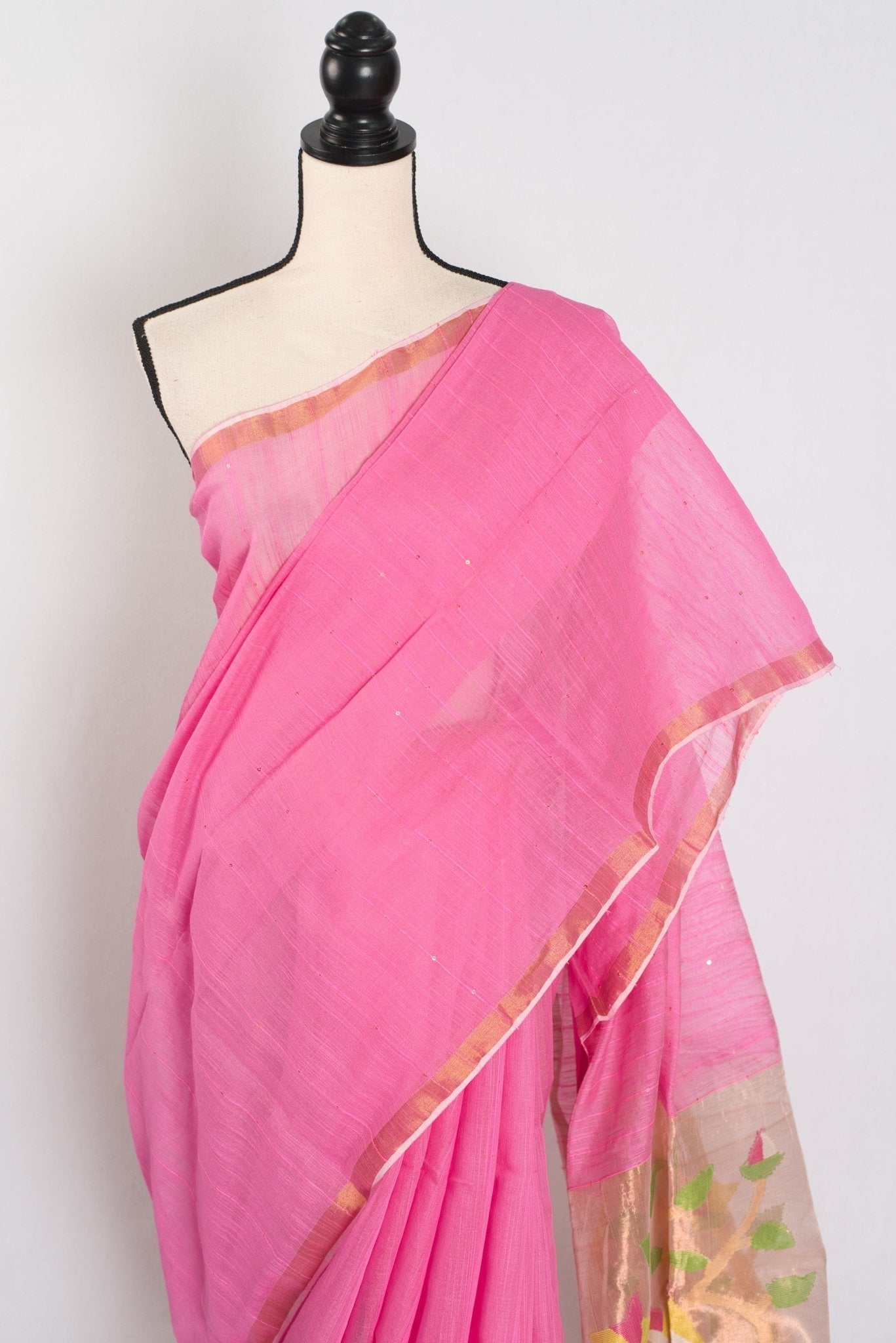 Bristi: Pink & Gold Muslin Cotton Jamdani Saree | Hand-Inspired Sequin Weaving