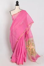 Bristi: Pink & Gold Muslin Cotton Jamdani Saree | Hand-Inspired Sequin Weaving