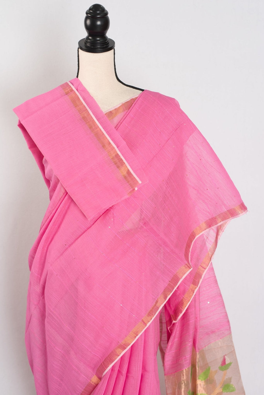 Bristi: Pink & Gold Muslin Cotton Jamdani Saree | Hand-Inspired Sequin Weaving