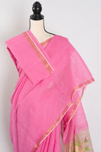 Bristi: Pink & Gold Muslin Cotton Jamdani Saree | Hand-Inspired Sequin Weaving