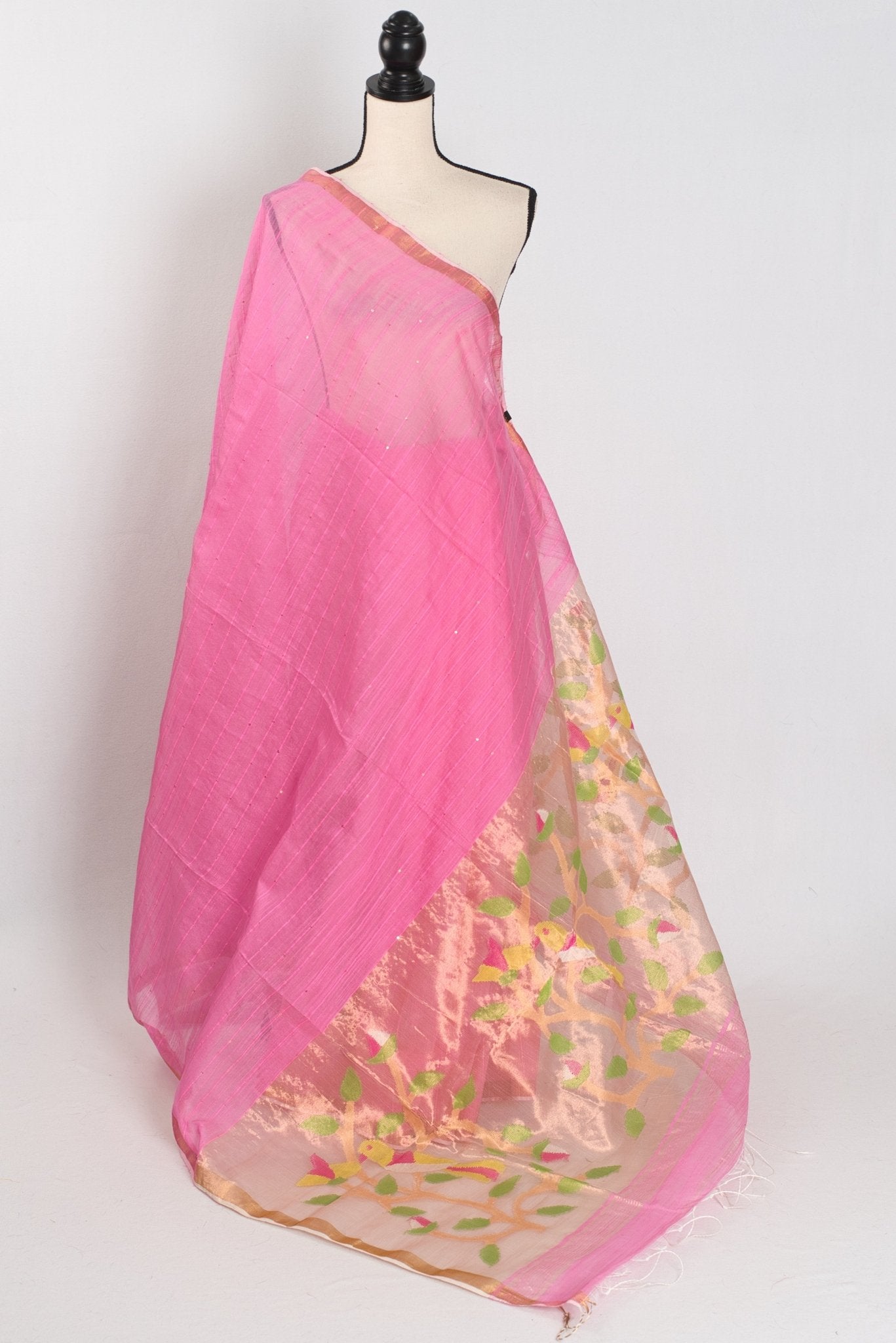 Bristi: Pink & Gold Muslin Cotton Jamdani Saree | Hand-Inspired Sequin Weaving