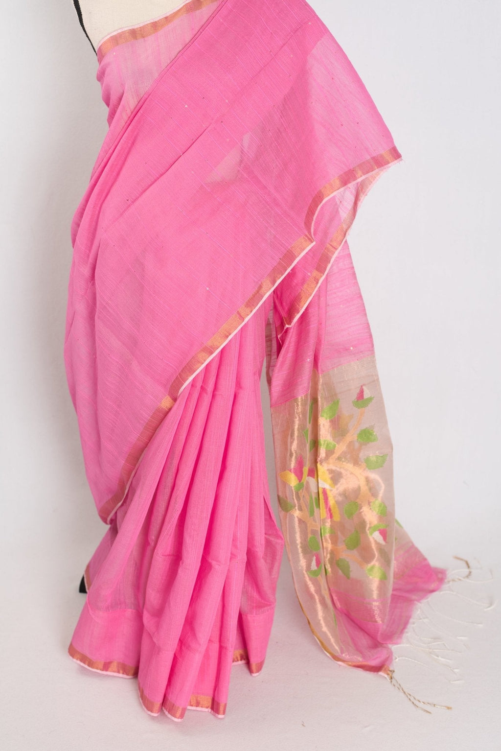 Bristi: Pink & Gold Muslin Cotton Jamdani Saree | Hand-Inspired Sequin Weaving