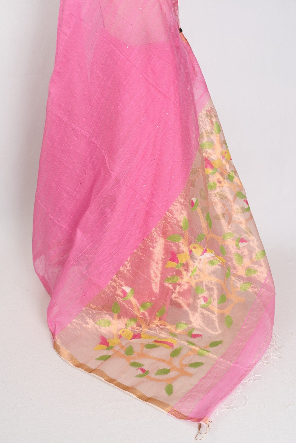 Bristi: Pink & Gold Muslin Cotton Jamdani Saree | Hand-Inspired Sequin Weaving