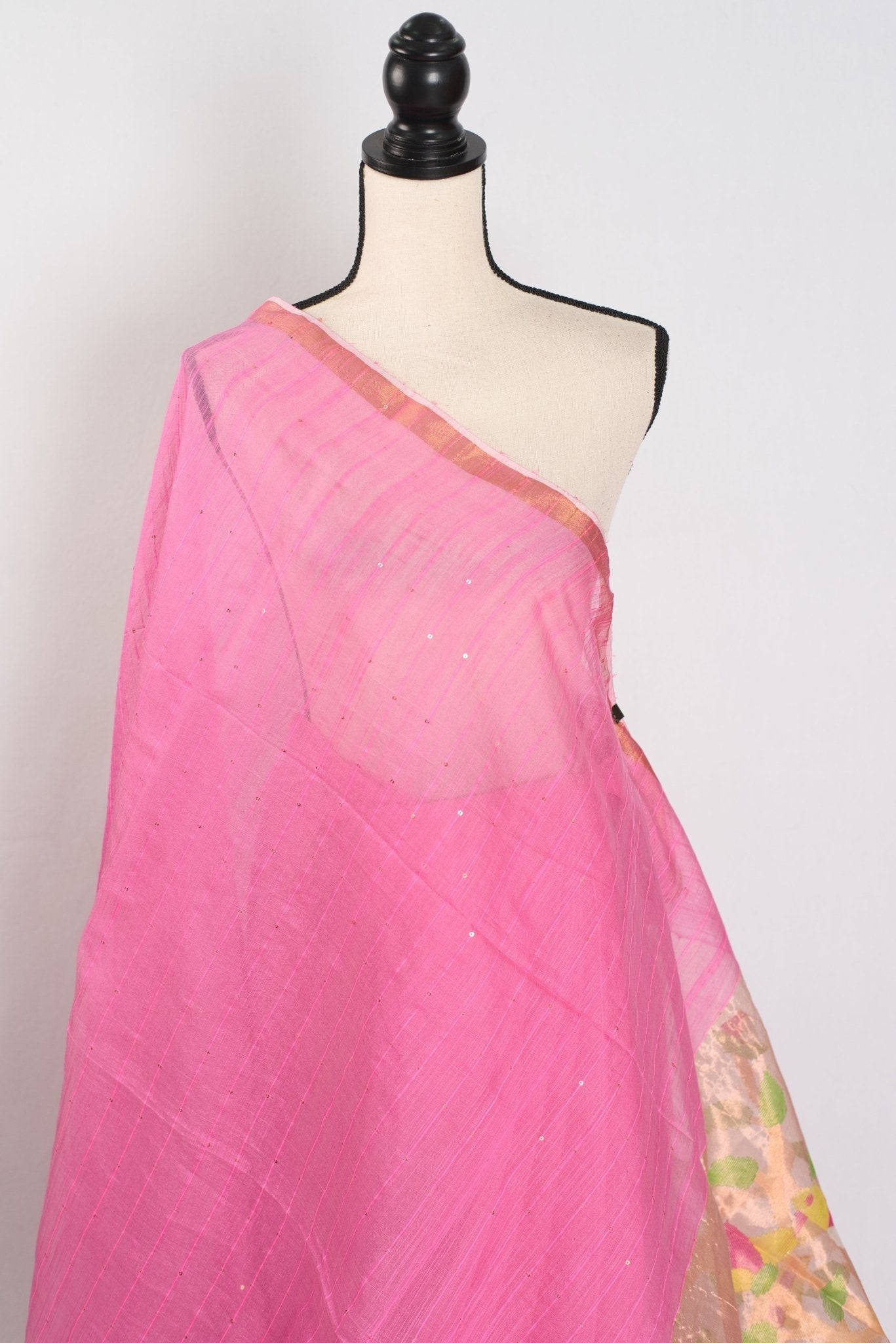 Bristi: Pink & Gold Muslin Cotton Jamdani Saree | Hand-Inspired Sequin Weaving