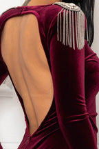 Burgundy Velvet Beaded Fringe Shoulder Maxi Dress – Open Back, Long Sleeve & Side Slit
