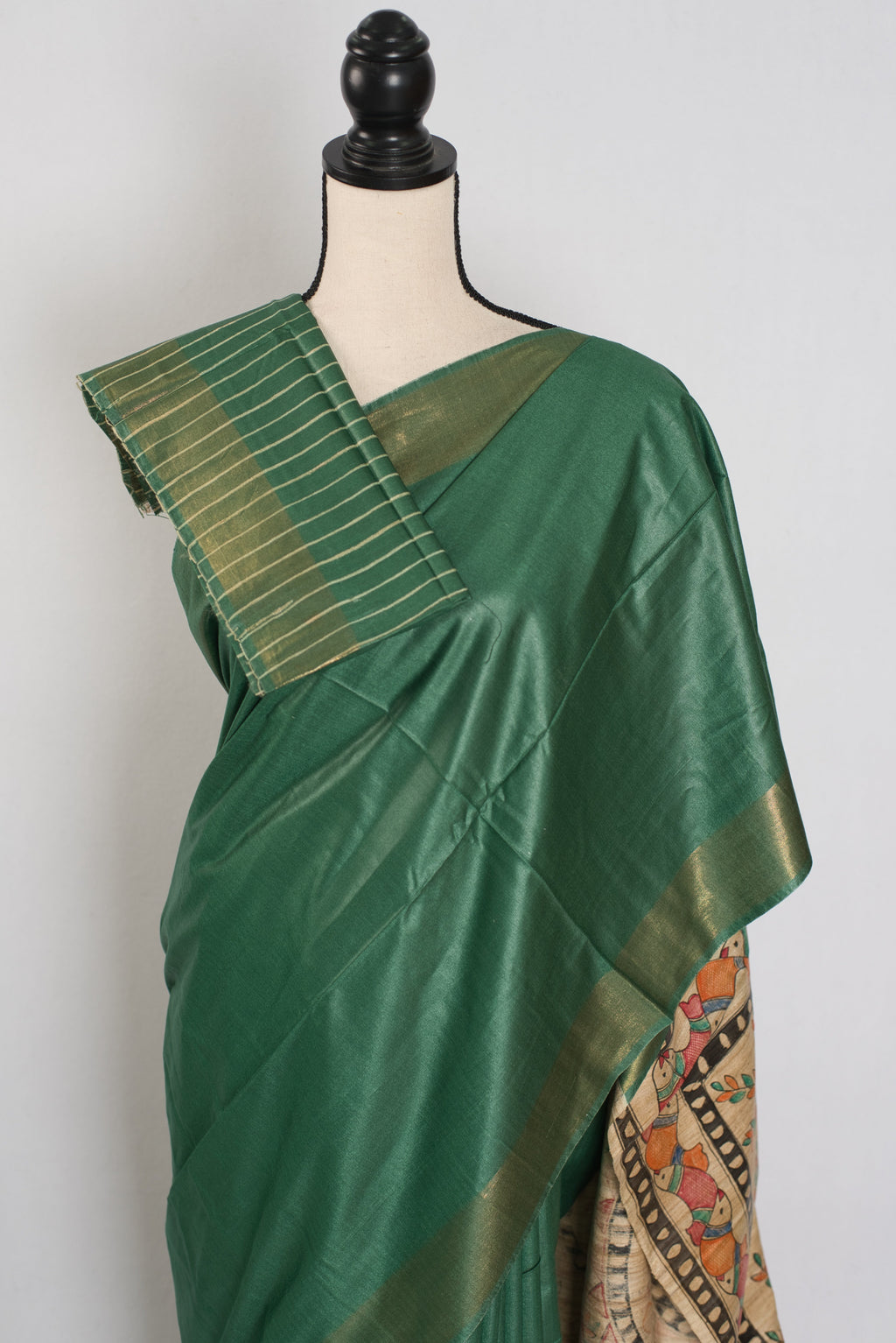 Bina : Dark Green Staple Tussar Saree | Hand-Painted Madhubani Pallu