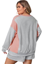 Light Grey Uneven Hem Colorblock Pullover Casual Shorts Plus Size 2pcs Outfit