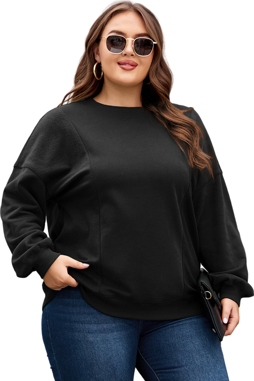 Apricot Loose Patchwork Crewneck Plus Size Sweatshirt