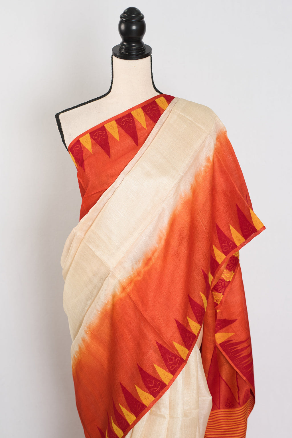 Kalpana: Cream & Orange Bengal Tussar Silk Saree | Silk Mark Certified