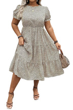 Beige Plus Size Leopard Print Frill Trim Short Sleeve Flared Dress