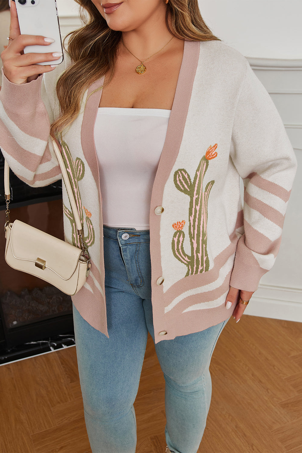 Apricot Western Desert Cactus Print Plus Size Button Cardigan Sweater