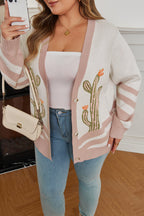 Apricot Western Desert Cactus Print Plus Size Button Cardigan Sweater