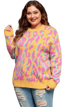 Bright Pink Plus Size Leopard Ribbed Trim Sweater