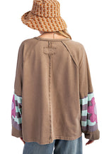 Light French Beige Flower Striped Patchwork Puff Sleeve Loose Sweatshirt