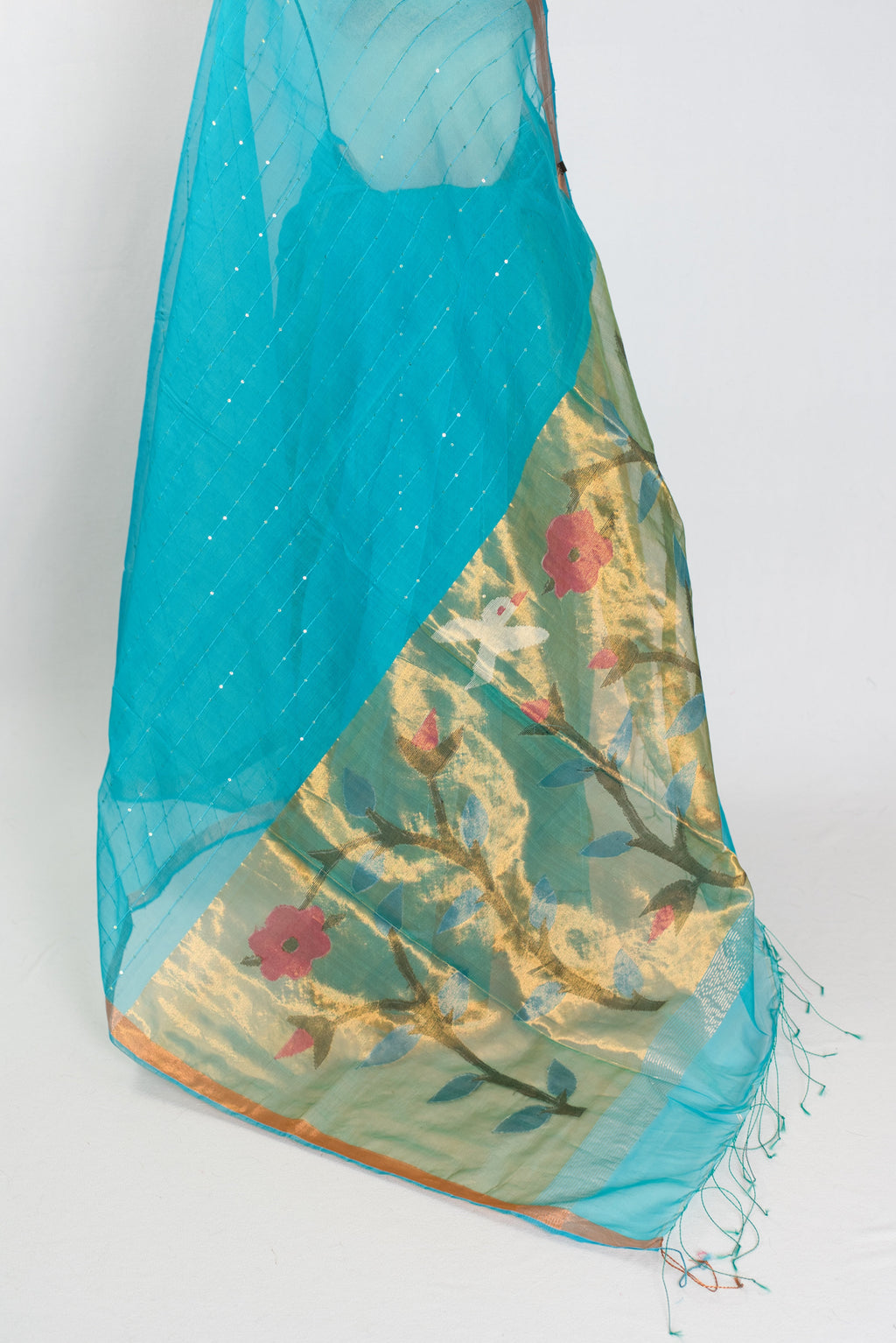 Shukti: Turquoise Blue & Gold Muslin Cotton Jamdani Saree | Sequin Weaving
