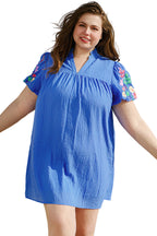 Sky Blue Plus Size Floral Embroidered Puff Sleeve Gingham Mini Dress