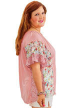Pink Plus Size Floral Patchwork Ruffle Short Sleeve Blouse