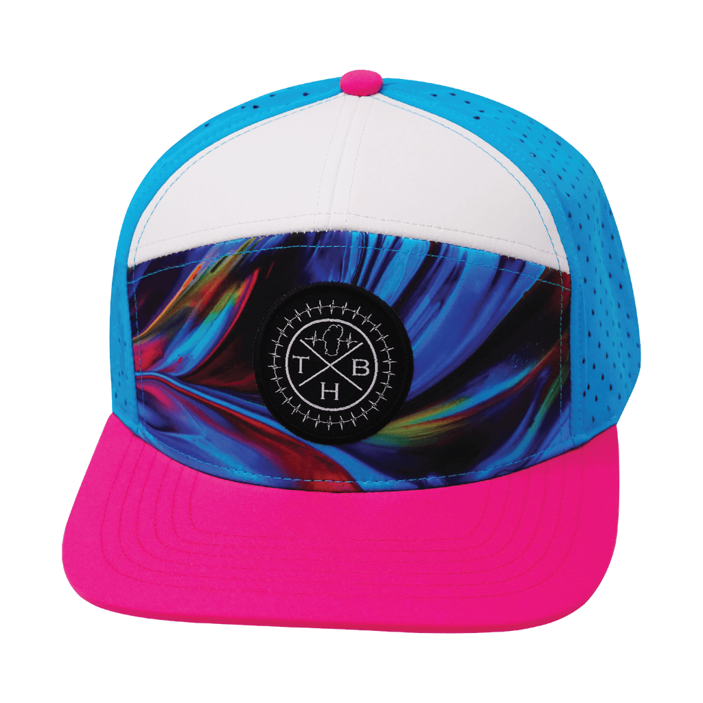 **ADULT** Color Vibes Hat - Flat Bill - Feather Glow - Neon Pink / White / Neon Blue - Laser Mesh