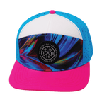 **ADULT** Color Vibes Hat - Flat Bill - Feather Glow - Neon Pink / White / Neon Blue - Laser Mesh