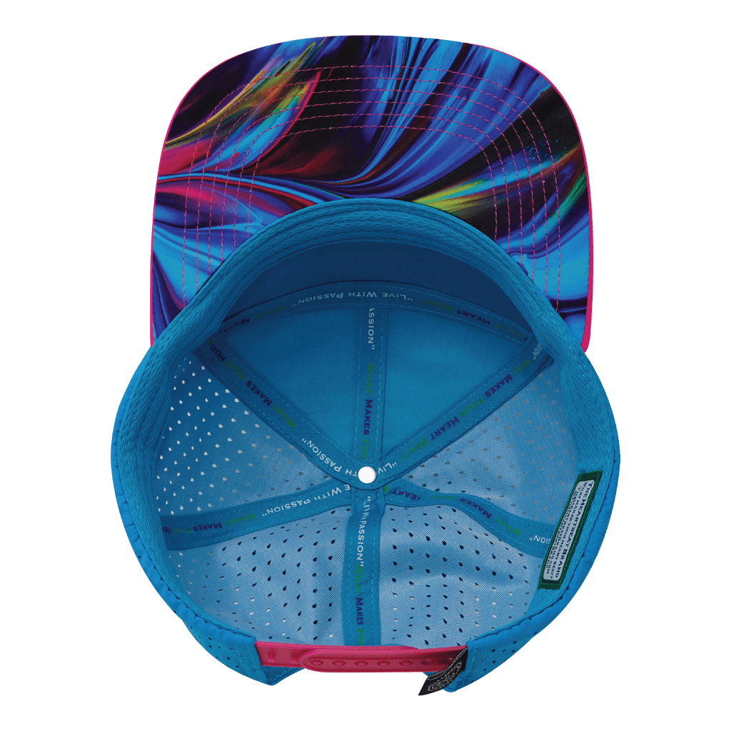 **ADULT** Color Vibes Hat - Flat Bill - Feather Glow - Neon Pink / White / Neon Blue - Laser Mesh
