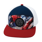 **ADULT** Color Vibes Hat - Flat Bill - Geo Flag - Dark Red / Navy / White - Laser Mesh