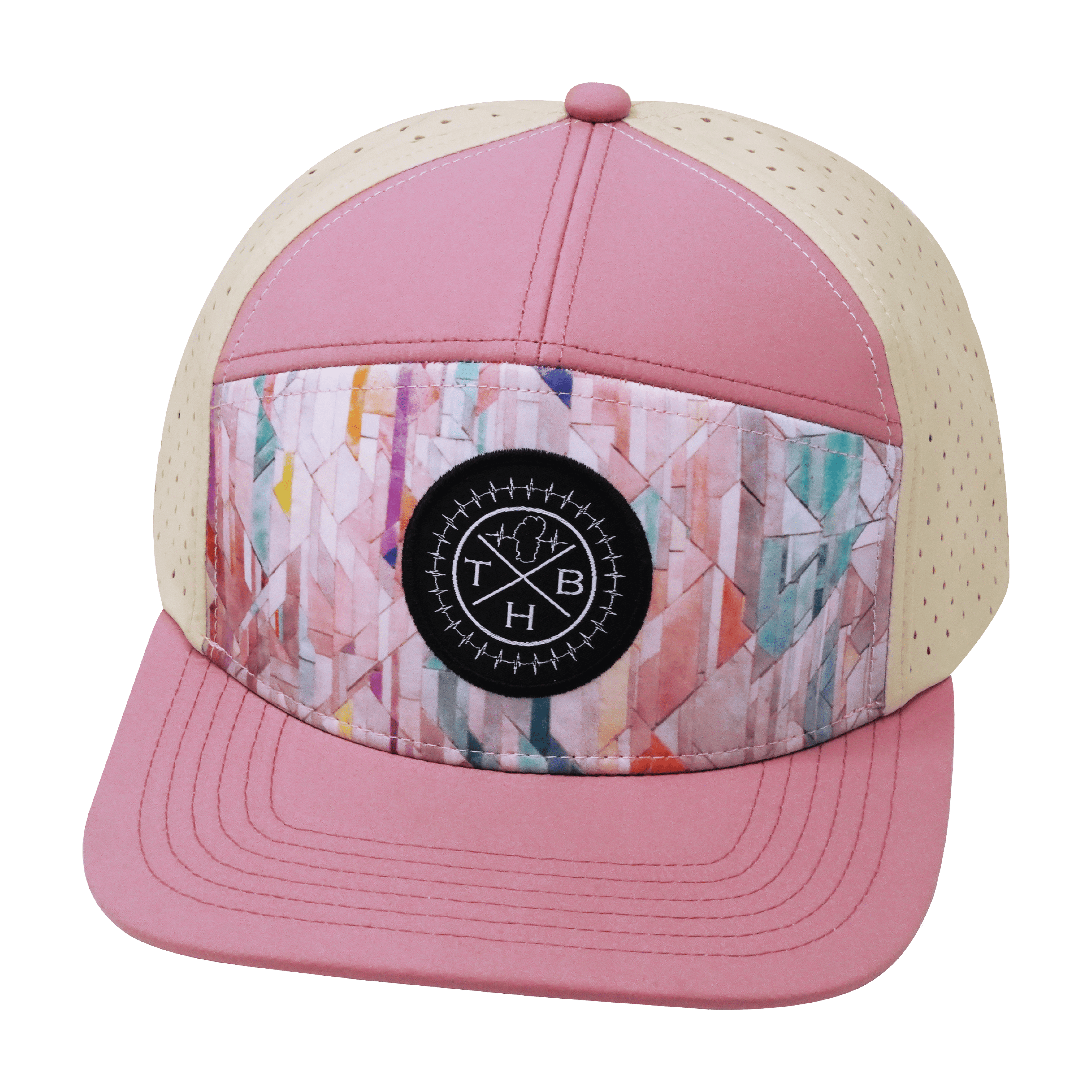 **ADULT** Color Vibes Hat - Flat Bill - Geo Mosaic - Pink Peach / Cream - Laser Mesh