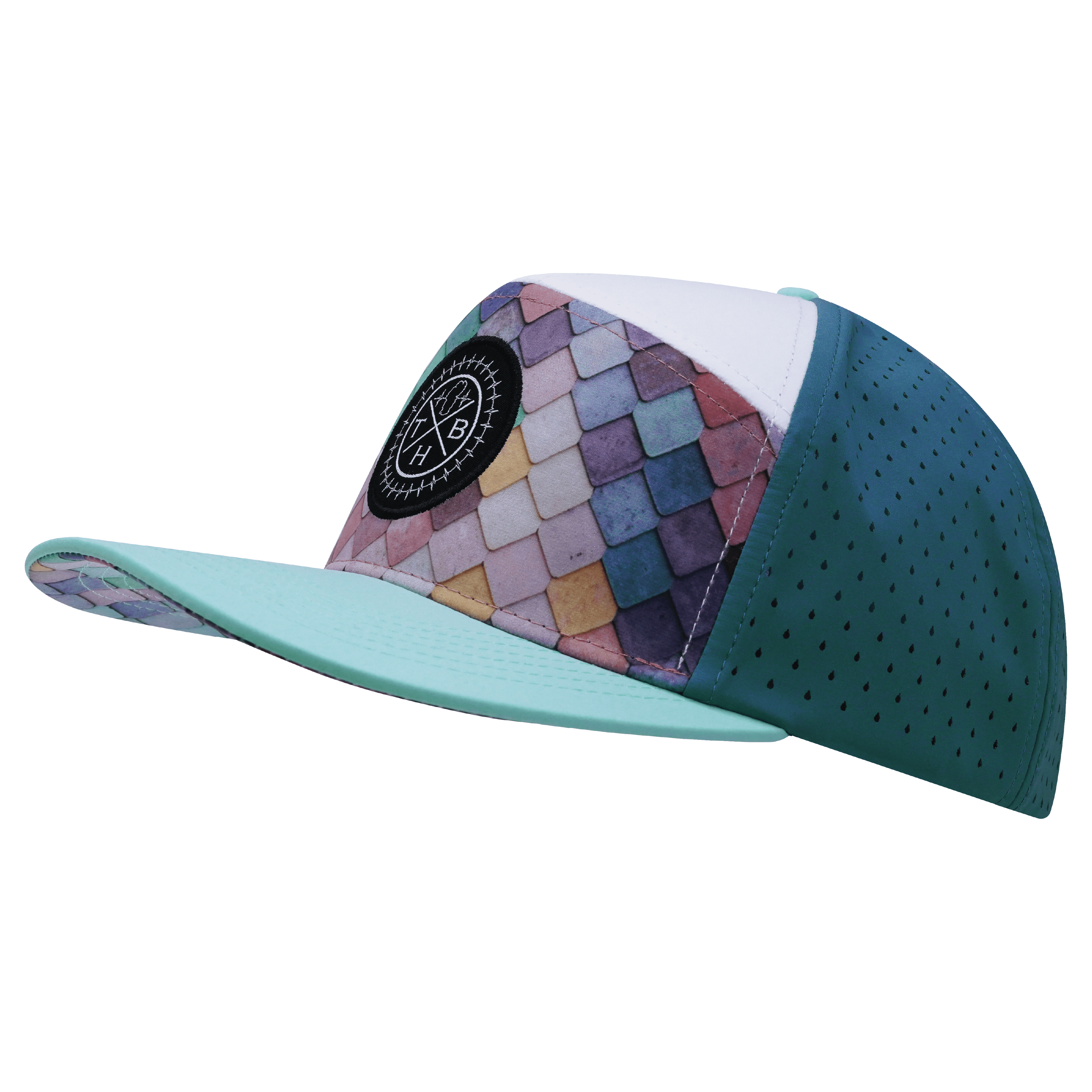 **ADULT** Color Vibes Hat - Flat Bill - Mosaic Scales - Mint / White / Slate Blue - Laser Mesh