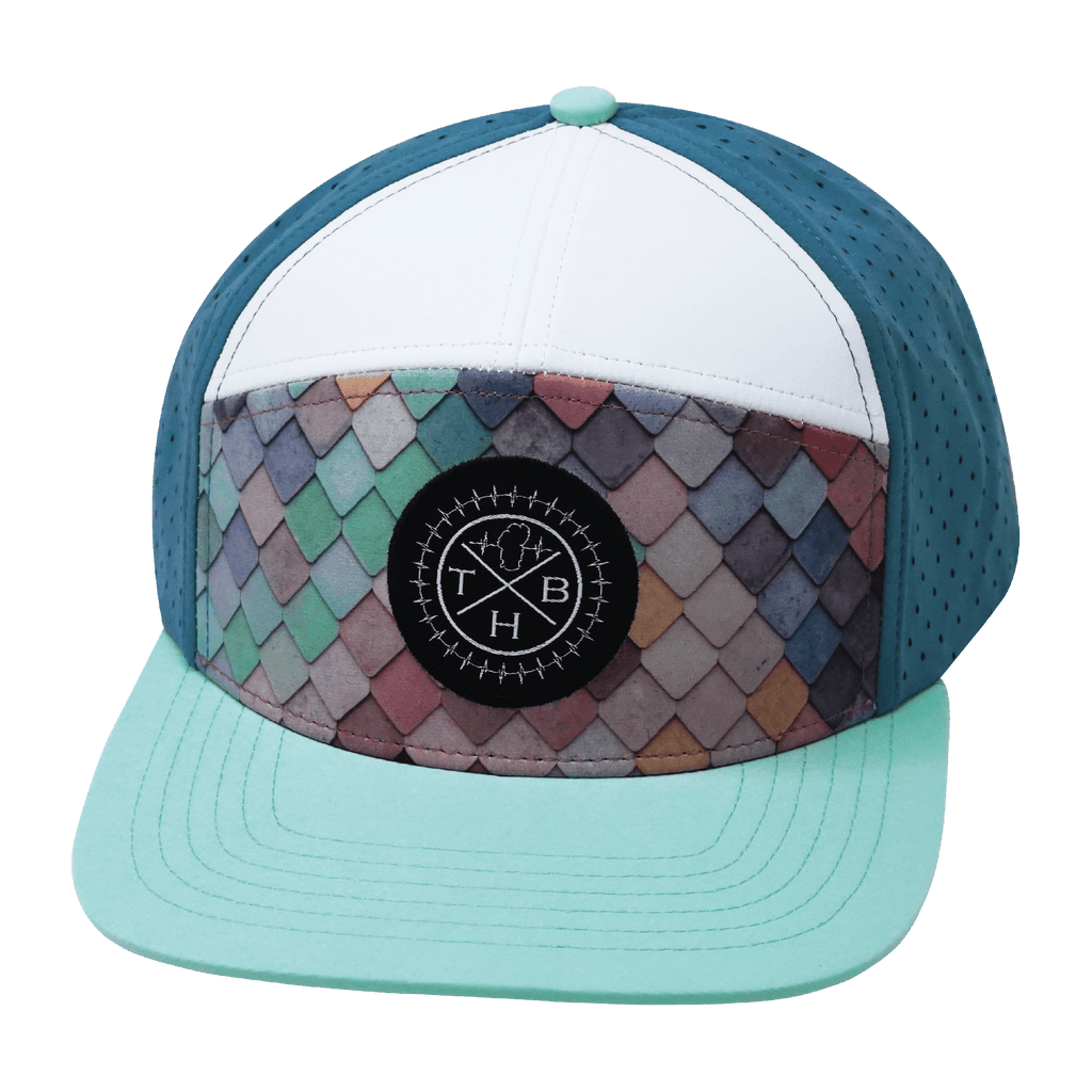 **ADULT** Color Vibes Hat - Flat Bill - Mosaic Scales - Mint / White / Slate Blue - Laser Mesh