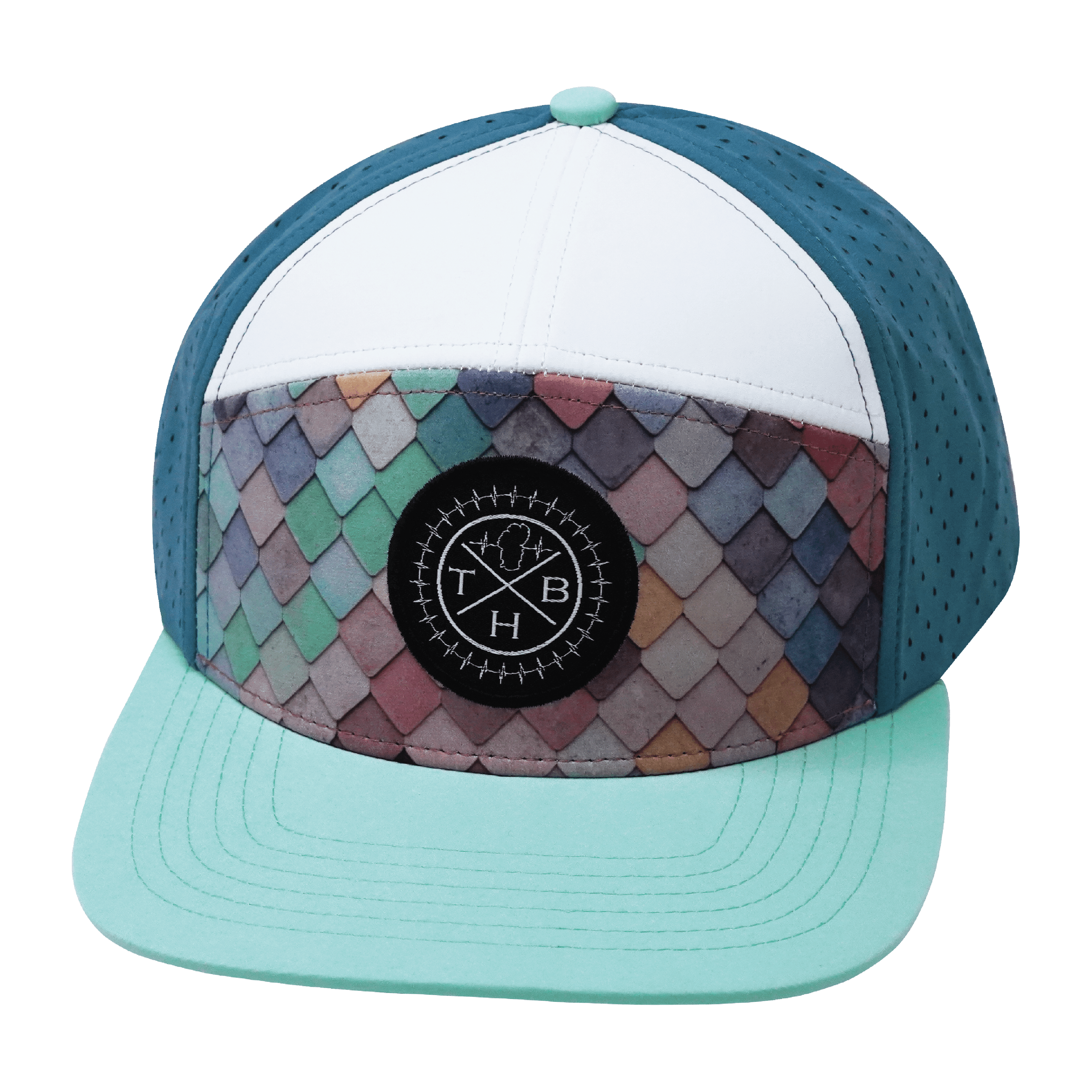 **ADULT** Color Vibes Hat - Flat Bill - Mosaic Scales - Mint / White / Slate Blue - Laser Mesh