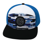 **ADULT** Color Vibes Hat - Flat Bill - Sky Blocks - Black / White / Blue - Laser Mesh