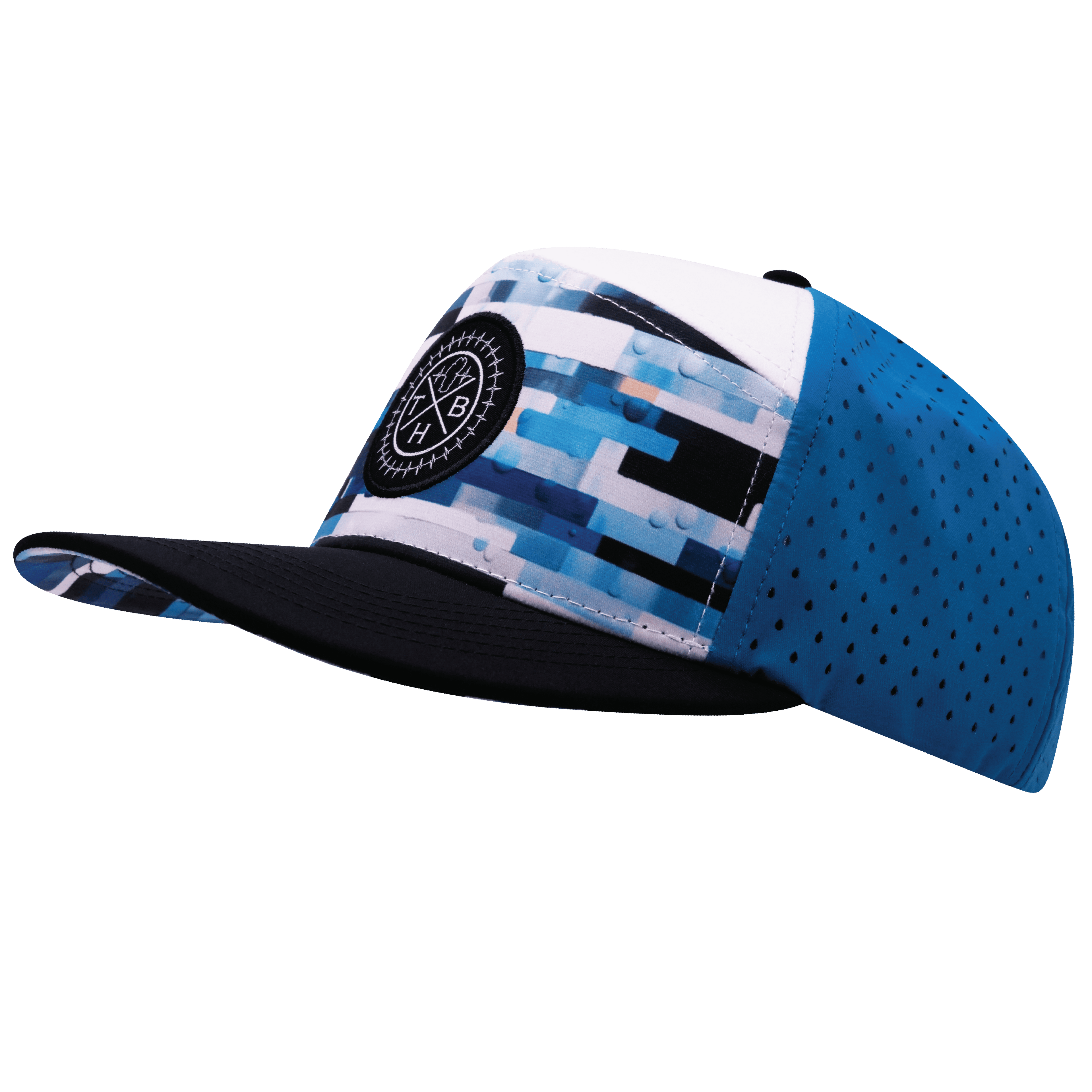 **ADULT** Color Vibes Hat - Flat Bill - Sky Blocks - Black / White / Blue - Laser Mesh