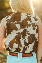 Sleeveless Cowhide Print Denim Western Shirt with Pearl Snaps